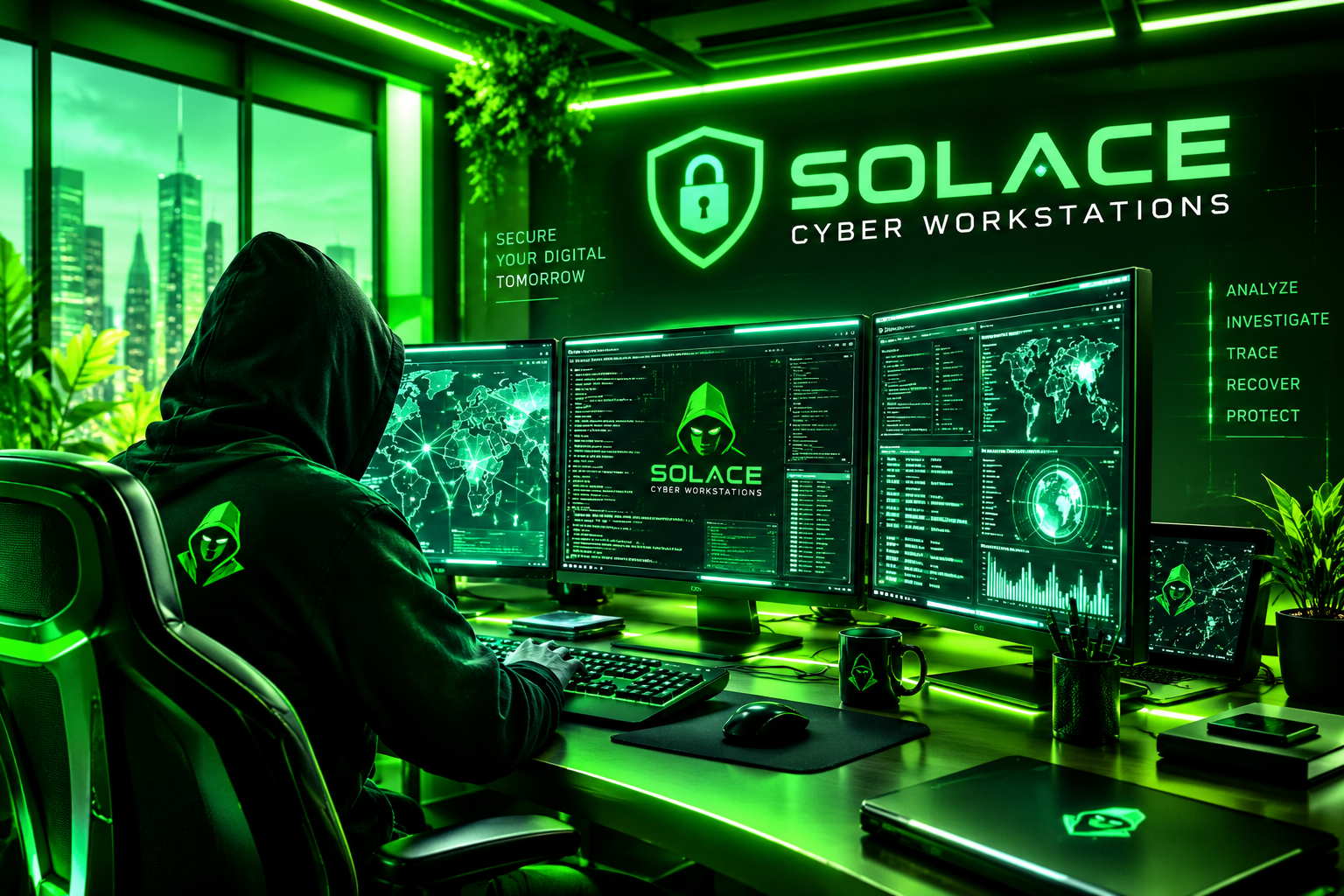 Solace Cyber Workstations neon-green cybersecurity workstation and secure digital operations